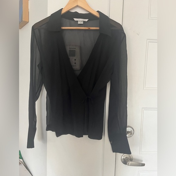 Black sheer long sleeve chiffon tie blouse with collar - Picture 5 of 5